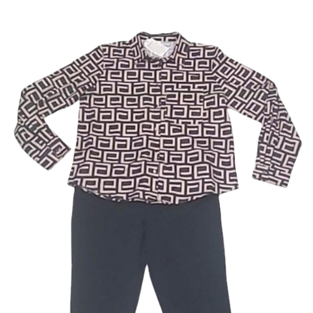 Emery Rose Blouse Geometric Print Button Up Front Shirt Collared Black & Tan Top